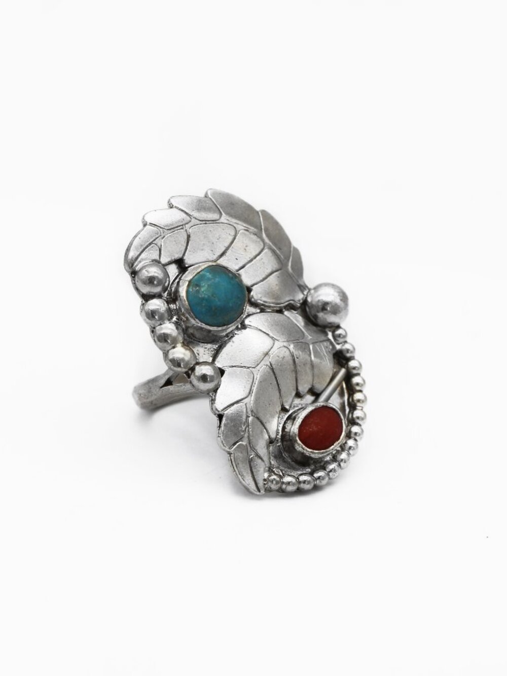 Native American Navajo Turquoie Coral Leaf Sterling Silver Ring